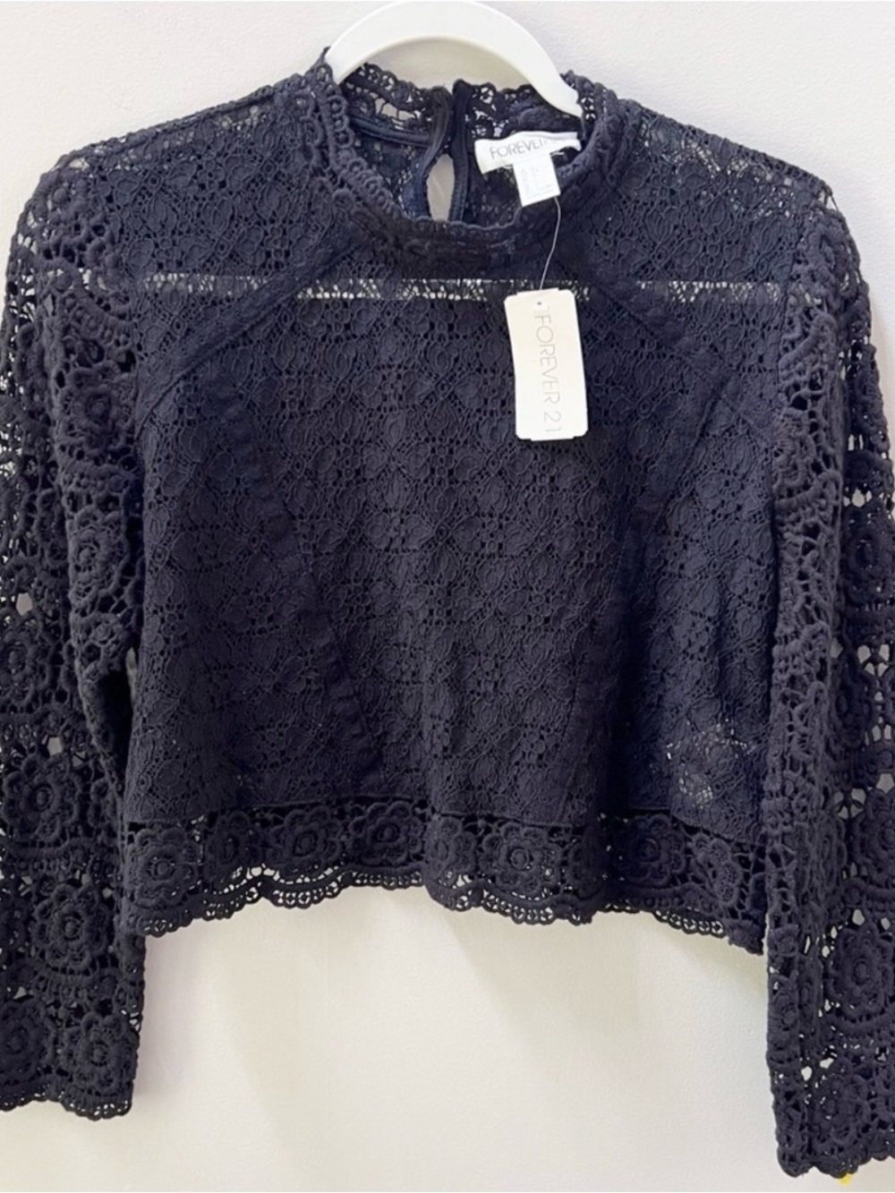 Forever 21 Black Crochet Lace Long Sleeve Crop Top - Picture 3 of 14